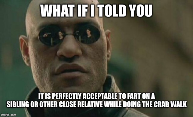 Matrix Morpheus Meme | WHAT IF I TOLD YOU; IT IS PERFECTLY ACCEPTABLE TO FART ON A SIBLING OR OTHER CLOSE RELATIVE WHILE DOING THE CRAB WALK | image tagged in memes,matrix morpheus | made w/ Imgflip meme maker