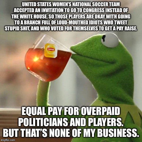 Equal Pay for overpaid politicians and players | UNITED STATES WOMEN’S NATIONAL SOCCER TEAM ACCEPTED AN INVITATION TO GO TO CONGRESS INSTEAD OF THE WHITE HOUSE. SO THOSE PLAYERS ARE OKAY WITH GOING TO A BRANCH FULL OF LOUD-MOUTHED IDIOTS WHO TWEET STUPID SHIT, AND WHO VOTED FOR THEMSELVES TO GET A PAY RAISE. EQUAL PAY FOR OVERPAID POLITICIANS AND PLAYERS. BUT THAT’S NONE OF MY BUSINESS. | image tagged in memes,but thats none of my business,kermit the frog,soccer,politicians,money | made w/ Imgflip meme maker