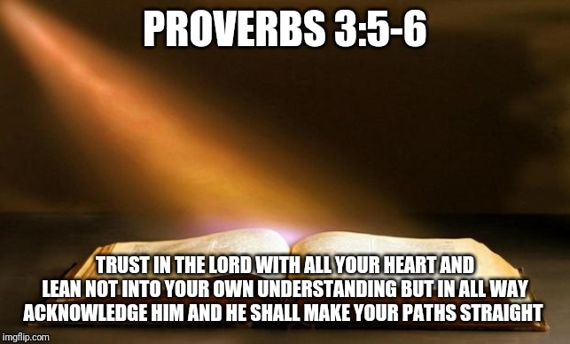 If you ever need help in life think this verse | PROVERBS 3:5-6; TRUST IN THE LORD WITH ALL YOUR HEART AND LEAN NOT INTO YOUR OWN UNDERSTANDING BUT IN ALL WAY ACKNOWLEDGE HIM AND HE SHALL MAKE YOUR PATHS STRAIGHT | image tagged in bible | made w/ Imgflip meme maker