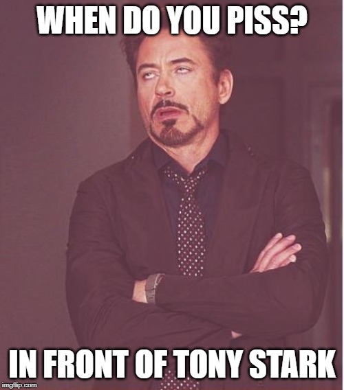 Face You Make Robert Downey Jr | WHEN DO YOU PISS? IN FRONT OF TONY STARK | image tagged in memes,face you make robert downey jr | made w/ Imgflip meme maker