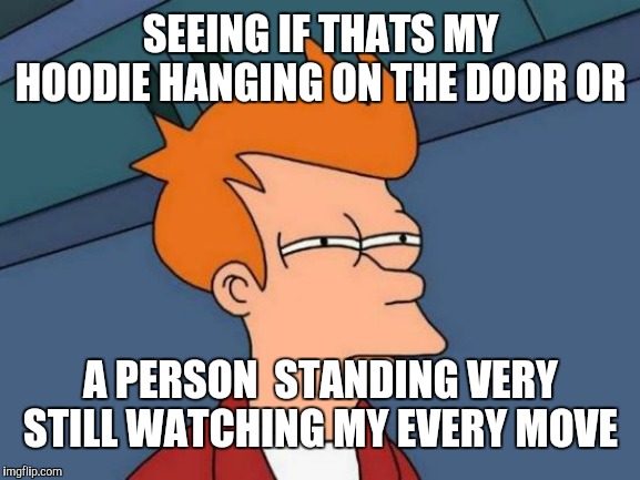 Futurama Fry | SEEING IF THATS MY HOODIE HANGING ON THE DOOR OR; A PERSON  STANDING VERY STILL WATCHING MY EVERY MOVE | image tagged in memes,futurama fry | made w/ Imgflip meme maker