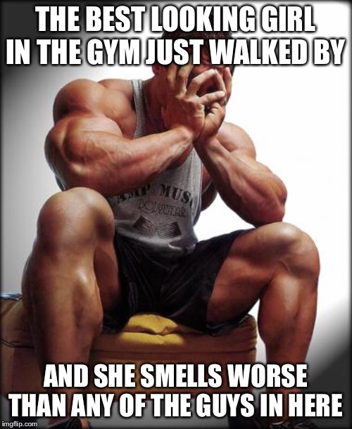 Depressed Bodybuilder | THE BEST LOOKING GIRL IN THE GYM JUST WALKED BY; AND SHE SMELLS WORSE THAN ANY OF THE GUYS IN HERE | image tagged in depressed bodybuilder | made w/ Imgflip meme maker