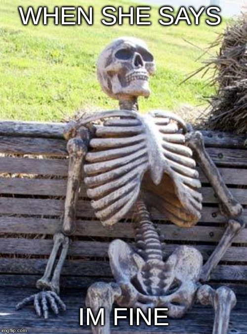 Waiting Skeleton Meme | WHEN SHE SAYS; IM FINE | image tagged in memes,waiting skeleton | made w/ Imgflip meme maker