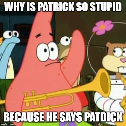 No Patrick Meme | WHY IS PATRICK SO STUPID; BECAUSE HE SAYS PATDICK | image tagged in memes,no patrick | made w/ Imgflip meme maker