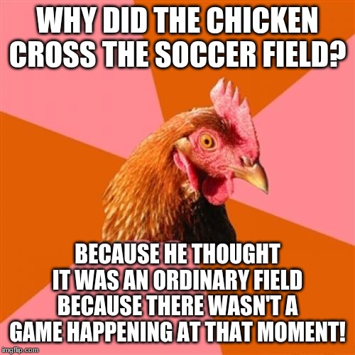 Well Why Did He Cross It If He Thought It Was An Ordinary field | WHY DID THE CHICKEN CROSS THE SOCCER FIELD? BECAUSE HE THOUGHT IT WAS AN ORDINARY FIELD BECAUSE THERE WASN'T A GAME HAPPENING AT THAT MOMENT! | image tagged in memes,anti joke chicken | made w/ Imgflip meme maker