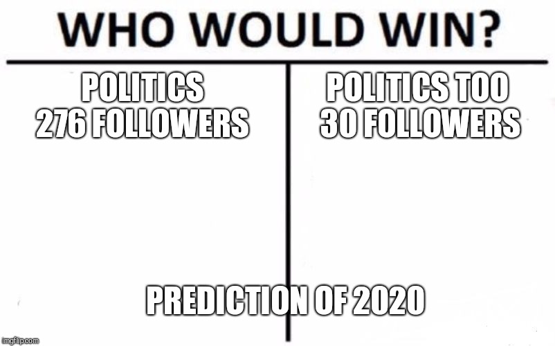 Look the left made a safe space | POLITICS
276 FOLLOWERS; POLITICS TOO 
30 FOLLOWERS; PREDICTION OF 2020 | image tagged in memes,who would win,stupid liberals,safe space | made w/ Imgflip meme maker