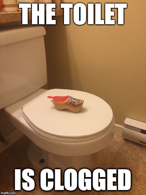 THE TOILET; IS CLOGGED | image tagged in toilet,toilet humor,puns,bad puns,bad pun,shoes | made w/ Imgflip meme maker