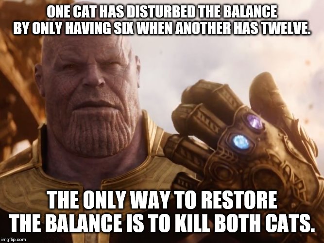 Thanos Smile | ONE CAT HAS DISTURBED THE BALANCE BY ONLY HAVING SIX WHEN ANOTHER HAS TWELVE. THE ONLY WAY TO RESTORE THE BALANCE IS TO KILL BOTH CATS. | image tagged in thanos smile | made w/ Imgflip meme maker