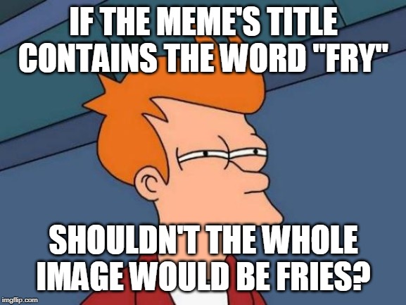 Futurama Fry | IF THE MEME'S TITLE CONTAINS THE WORD "FRY"; SHOULDN'T THE WHOLE IMAGE WOULD BE FRIES? | image tagged in memes,futurama fry | made w/ Imgflip meme maker