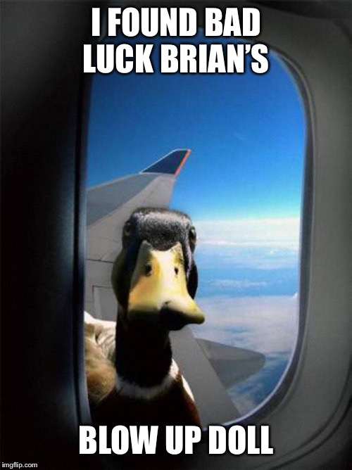 Airplane Duck |  I FOUND BAD LUCK BRIAN’S; BLOW UP DOLL | image tagged in airplane duck | made w/ Imgflip meme maker