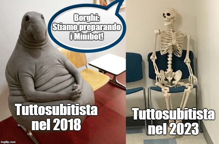 Borghi:
Stiamo preparando
i Minibot! Tuttosubitista nel 2023; Tuttosubitista nel 2018 | image tagged in homunculus hoxodontus | made w/ Imgflip meme maker