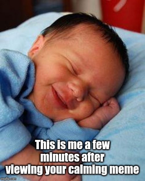 sleeping baby laughing | This is me a few minutes after viewing your calming meme | image tagged in sleeping baby laughing | made w/ Imgflip meme maker