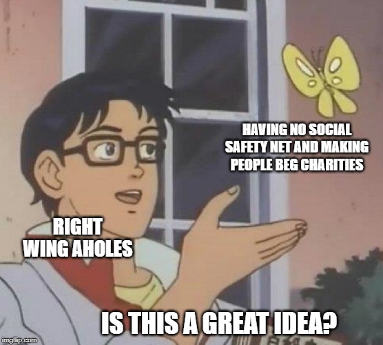 Is This A Pigeon | HAVING NO SOCIAL SAFETY NET AND MAKING PEOPLE BEG CHARITIES; RIGHT WING AHOLES; IS THIS A GREAT IDEA? | image tagged in memes,is this a pigeon | made w/ Imgflip meme maker