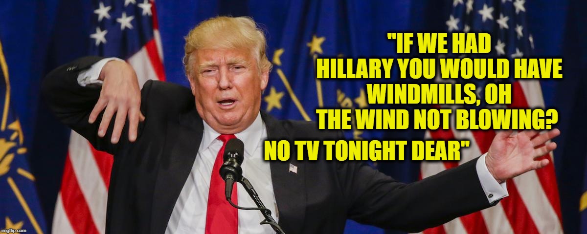 Trump limp | "IF WE HAD HILLARY YOU WOULD HAVE WINDMILLS, OH THE WIND NOT BLOWING? NO TV TONIGHT DEAR" | image tagged in trump limp | made w/ Imgflip meme maker