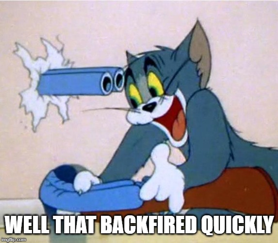 Tom and Jerry gun | WELL THAT BACKFIRED QUICKLY | image tagged in tom and jerry gun | made w/ Imgflip meme maker