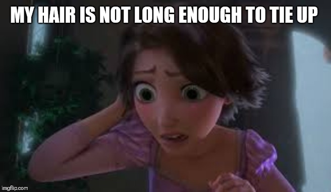 Tangled short hair | MY HAIR IS NOT LONG ENOUGH TO TIE UP | image tagged in tangled short hair | made w/ Imgflip meme maker