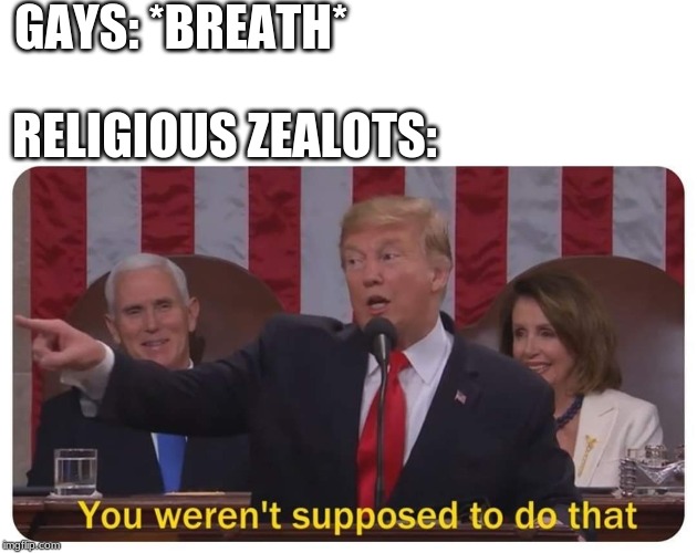 You weren't supposed to do that | GAYS: *BREATH*; RELIGIOUS ZEALOTS: | image tagged in you weren't supposed to do that | made w/ Imgflip meme maker