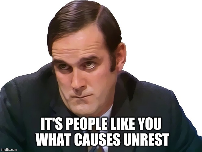 John Cleese | IT'S PEOPLE LIKE YOU
 WHAT CAUSES UNREST | image tagged in john cleese | made w/ Imgflip meme maker