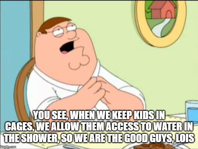 Shallow and pedantic  | YOU SEE, WHEN WE KEEP KIDS IN CAGES, WE ALLOW THEM ACCESS TO WATER IN THE SHOWER, SO WE ARE THE GOOD GUYS, LOIS | image tagged in shallow and pedantic | made w/ Imgflip meme maker