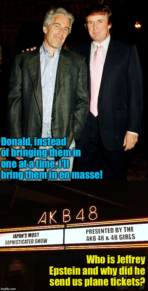 En Masse | Donald, instead of bringing them in one at a time, i'll bring them in en masse! Who is Jeffrey Epstein and why did he send us plane tickets? | image tagged in epstein trump,akb48 | made w/ Imgflip meme maker