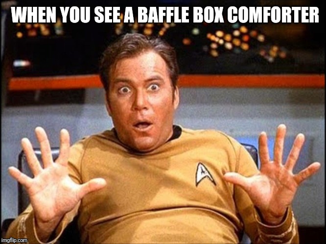 Captain Kirk baffled | WHEN YOU SEE A BAFFLE BOX COMFORTER | image tagged in offended william shatner | made w/ Imgflip meme maker