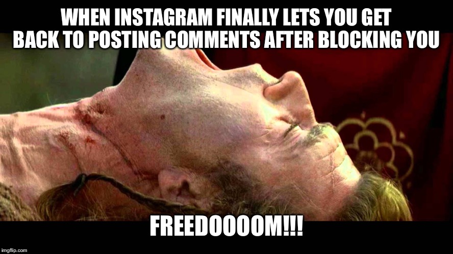 Braveheart freedom | WHEN INSTAGRAM FINALLY LETS YOU GET BACK TO POSTING COMMENTS AFTER BLOCKING YOU; FREEDOOOOM!!! | image tagged in braveheart freedom | made w/ Imgflip meme maker