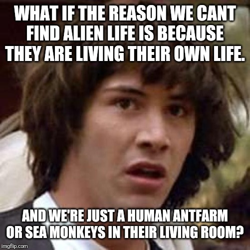 Conspiracy Keanu | WHAT IF THE REASON WE CANT FIND ALIEN LIFE IS BECAUSE THEY ARE LIVING THEIR OWN LIFE. AND WE'RE JUST A HUMAN ANTFARM OR SEA MONKEYS IN THEIR LIVING ROOM? | image tagged in memes,conspiracy keanu | made w/ Imgflip meme maker