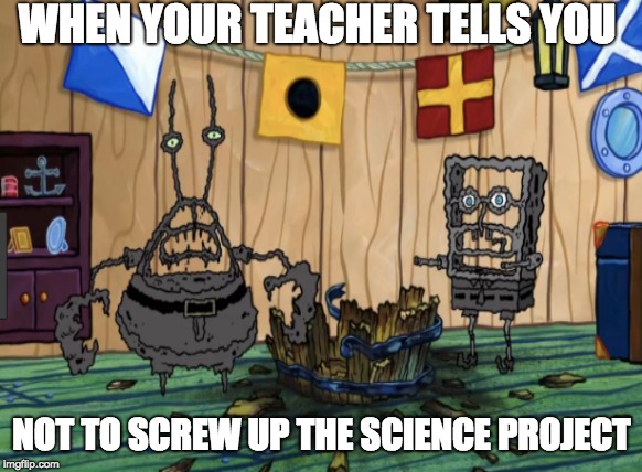 The Science Project | WHEN YOUR TEACHER TELLS YOU; NOT TO SCREW UP THE SCIENCE PROJECT | image tagged in science project,spongebob,mr krabs,school accident | made w/ Imgflip meme maker