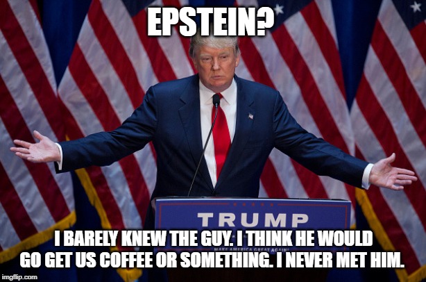 Donald Trump | EPSTEIN? I BARELY KNEW THE GUY. I THINK HE WOULD GO GET US COFFEE OR SOMETHING. I NEVER MET HIM. | image tagged in donald trump | made w/ Imgflip meme maker