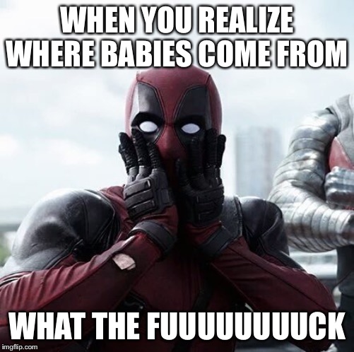 Deadpool Surprised Meme | WHEN YOU REALIZE WHERE BABIES COME FROM; WHAT THE FUUUUUUUUCK | image tagged in memes,deadpool surprised | made w/ Imgflip meme maker
