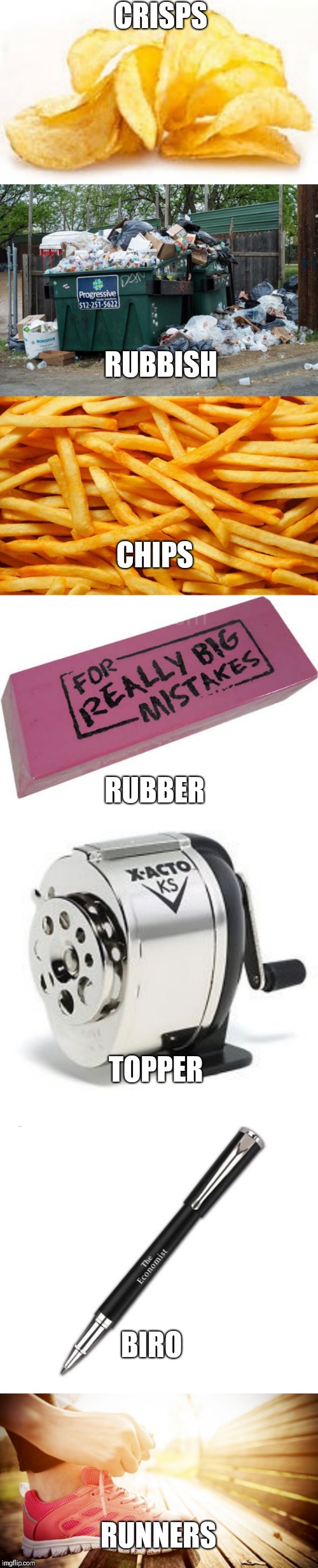 CRISPS RUNNERS CHIPS RUBBISH BIRO RUBBER TOPPER | image tagged in french fries,pencil sharpener,garbage,potato chips,big eraser,sneakers | made w/ Imgflip meme maker
