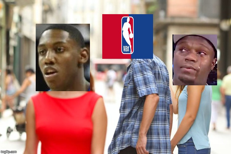 RJ>Zion | image tagged in memes,distracted boyfriend,drake hotline bling,nba,boardroom meeting suggestion,nudes | made w/ Imgflip meme maker