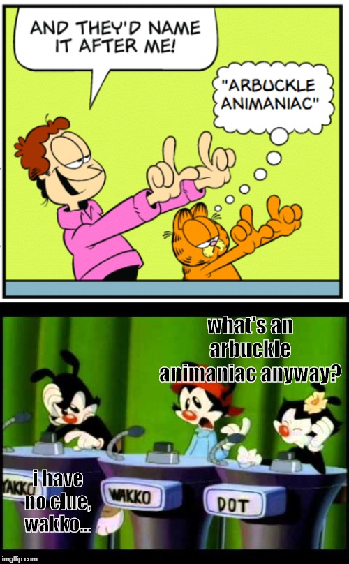 Arbuckle Animaniac | what's an arbuckle animaniac anyway? i have no clue, wakko... | image tagged in animaniacs,arbuckle animaniac | made w/ Imgflip meme maker