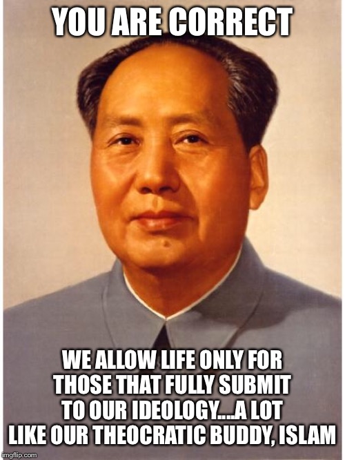 chairman mao | YOU ARE CORRECT WE ALLOW LIFE ONLY FOR THOSE THAT FULLY SUBMIT TO OUR IDEOLOGY....A LOT LIKE OUR THEOCRATIC BUDDY, ISLAM | image tagged in chairman mao | made w/ Imgflip meme maker