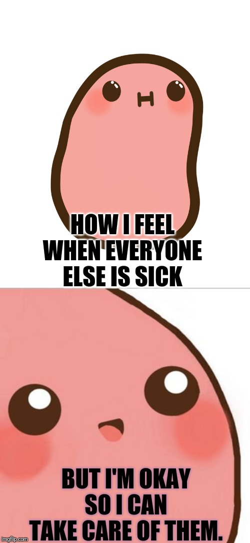 HOW I FEEL WHEN EVERYONE ELSE IS SICK BUT I'M OKAY SO I CAN TAKE CARE OF THEM. | image tagged in cause im a kawaii potato bitch,kawaii potato | made w/ Imgflip meme maker