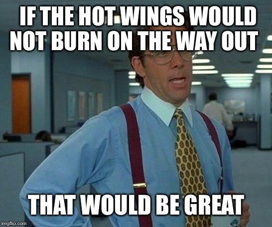 That Would Be Great Meme | IF THE HOT WINGS WOULD NOT BURN ON THE WAY OUT THAT WOULD BE GREAT | image tagged in memes,that would be great | made w/ Imgflip meme maker