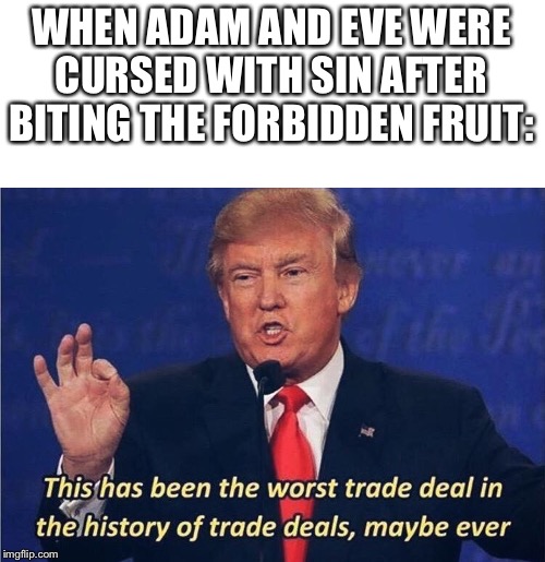 They're eyes were opened... | WHEN ADAM AND EVE WERE CURSED WITH SIN AFTER BITING THE FORBIDDEN FRUIT: | image tagged in donald trump worst trade deal | made w/ Imgflip meme maker