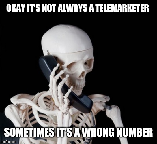 Skeleton on phone | OKAY IT'S NOT ALWAYS A TELEMARKETER SOMETIMES IT'S A WRONG NUMBER | image tagged in skeleton on phone | made w/ Imgflip meme maker