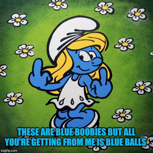 Smurfette | THESE ARE BLUE BOOBIES BUT ALL YOU'RE GETTING FROM ME IS BLUE BALLS | image tagged in smurfette | made w/ Imgflip meme maker