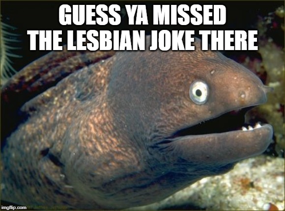 Bad Joke Eel Meme | GUESS YA MISSED THE LESBIAN JOKE THERE | image tagged in memes,bad joke eel | made w/ Imgflip meme maker