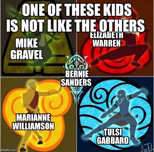 4 of these kids are kinda the same | ONE OF THESE KIDS IS NOT LIKE THE OTHERS | image tagged in sesame street,bernie sanders,marianne,tulsi,gravel,elizabeth warren | made w/ Imgflip meme maker