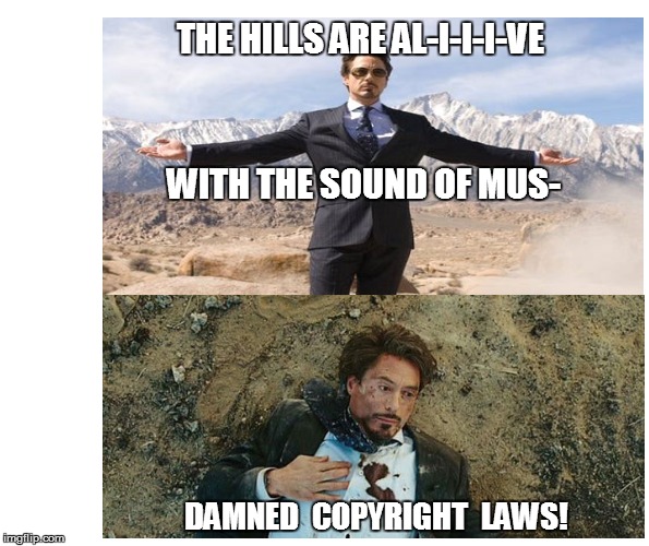 A nod to Elissa Hays for the inspiration | THE HILLS ARE AL-I-I-I-VE; WITH THE SOUND OF MUS-; DAMNED  COPYRIGHT  LAWS! | image tagged in funny | made w/ Imgflip meme maker