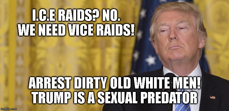 An Alleged Rapist is in the White House - Arrest Him! | I.C.E RAIDS? NO. WE NEED VICE RAIDS! ARREST DIRTY OLD WHITE MEN!
TRUMP IS A SEXUAL PREDATOR | image tagged in criminal,rapist,corrupt,conman,liar,impeach trump | made w/ Imgflip meme maker