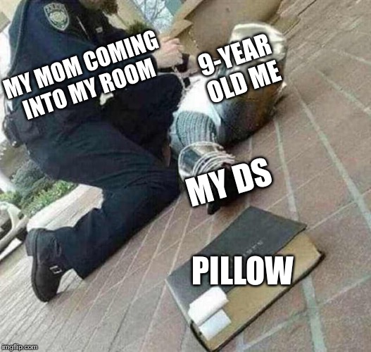 Who owned a DS? | 9-YEAR OLD ME; MY MOM COMING INTO MY ROOM; MY DS; PILLOW | image tagged in nintendo,ds,video games,crusader,memes,funny | made w/ Imgflip meme maker