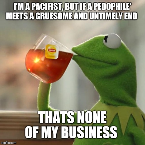 But That's None Of My Business Meme | I'M A PACIFIST, BUT IF A PEDOPHILE' MEETS A GRUESOME AND UNTIMELY END THATS NONE OF MY BUSINESS | image tagged in memes,but thats none of my business,kermit the frog | made w/ Imgflip meme maker