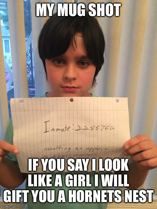 MY MUG SHOT; IF YOU SAY I LOOK LIKE A GIRL I WILL GIFT YOU A HORNETS NEST | made w/ Imgflip meme maker