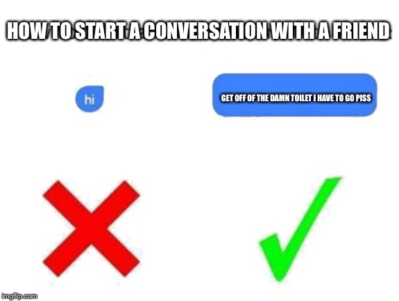 how to start a conversation with a girl (add text or image) | HOW TO START A CONVERSATION WITH A FRIEND GET OFF OF THE DAMN TOILET I HAVE TO GO PISS | image tagged in how to start a conversation with a girl add text or image | made w/ Imgflip meme maker