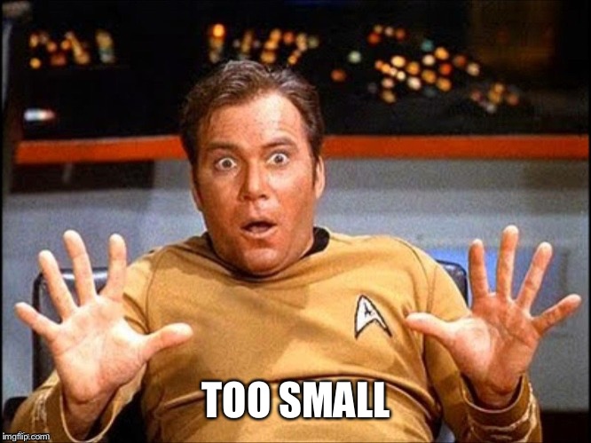 Offended William Shatner | TOO SMALL | image tagged in offended william shatner | made w/ Imgflip meme maker