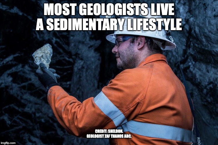 Most geologists live a sedimentray lifestyle | MOST GEOLOGISTS LIVE A SEDIMENTARY LIFESTYLE; CREDIT: SHELDON. GEOLOGIST ZAF THANOS ABC. | image tagged in ergonomics,funny,safety | made w/ Imgflip meme maker