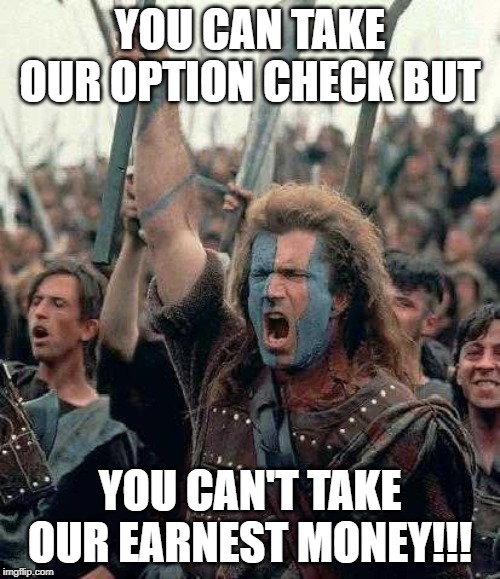 Braveheart | YOU CAN TAKE OUR OPTION CHECK BUT; YOU CAN'T TAKE OUR EARNEST MONEY!!! | image tagged in braveheart | made w/ Imgflip meme maker